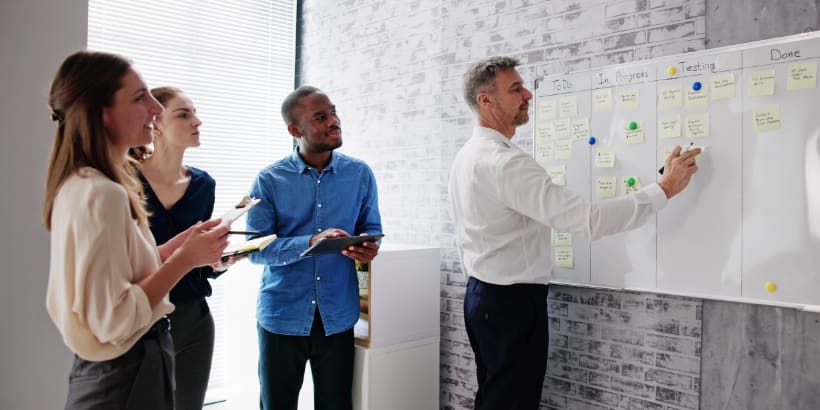 A team of four professionals collaborates in an office, using a whiteboard with sticky notes to track project progress in columns labeled "To Do," "In Progress," "Testing," and "Done.