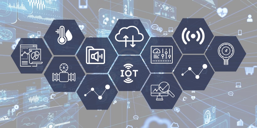 A futuristic IoT graphic with hexagonal icons representing cloud computing, sensors, data analysis, and wireless connectivity, set against a high-tech digital background.