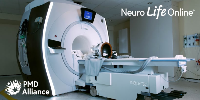 PMD Alliance logo bottom left, Neuro Life Online logo top right and a photo of an MRI machine in the middle