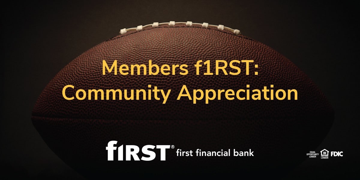 A football illuminated in front of a black background. Overlay text reads "Members first: Community appreciation"