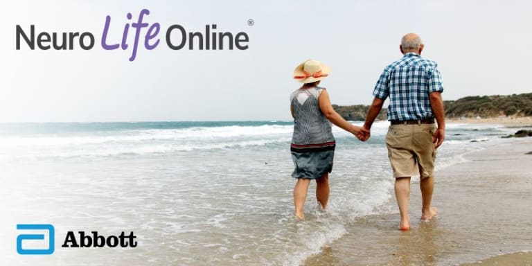 NeuroLife Online logo top left, Abbott logo bottom left, and two people walking on the beach
