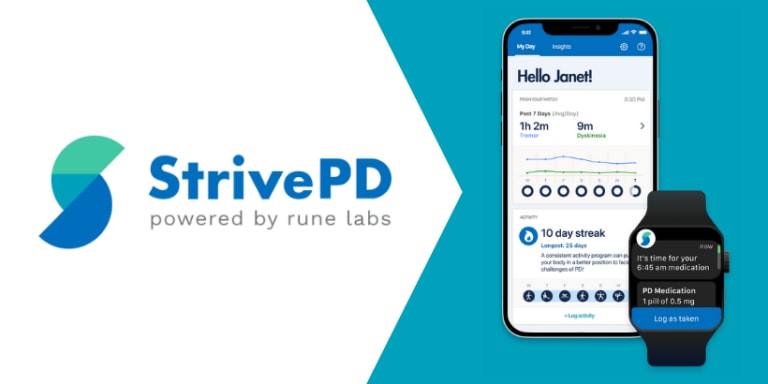 StrivePD powered by Rune Labs logo on the left and an image of a cell phone with the app